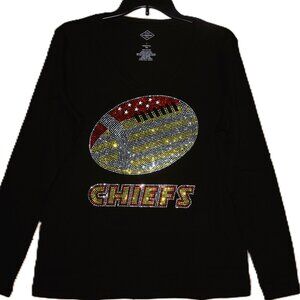 Chiefs Football VN  rhinestone bling black Vneck long sleeved shirt XS S M L XL…